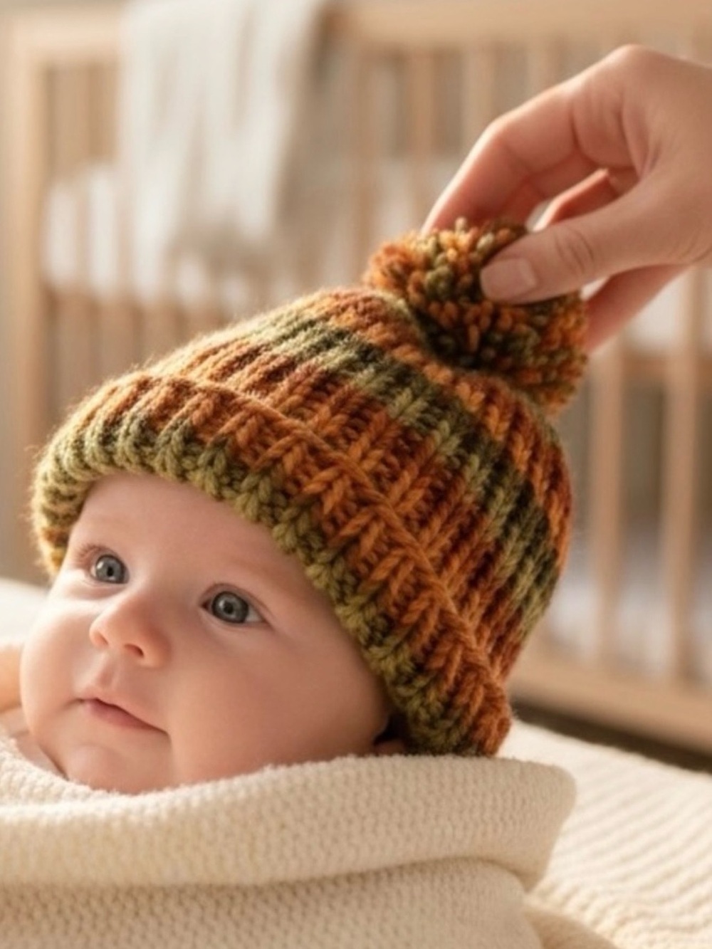 Hat Beanie Hand Crafted Baby Pom Pom Knit Green Rust Orange Knit Fall